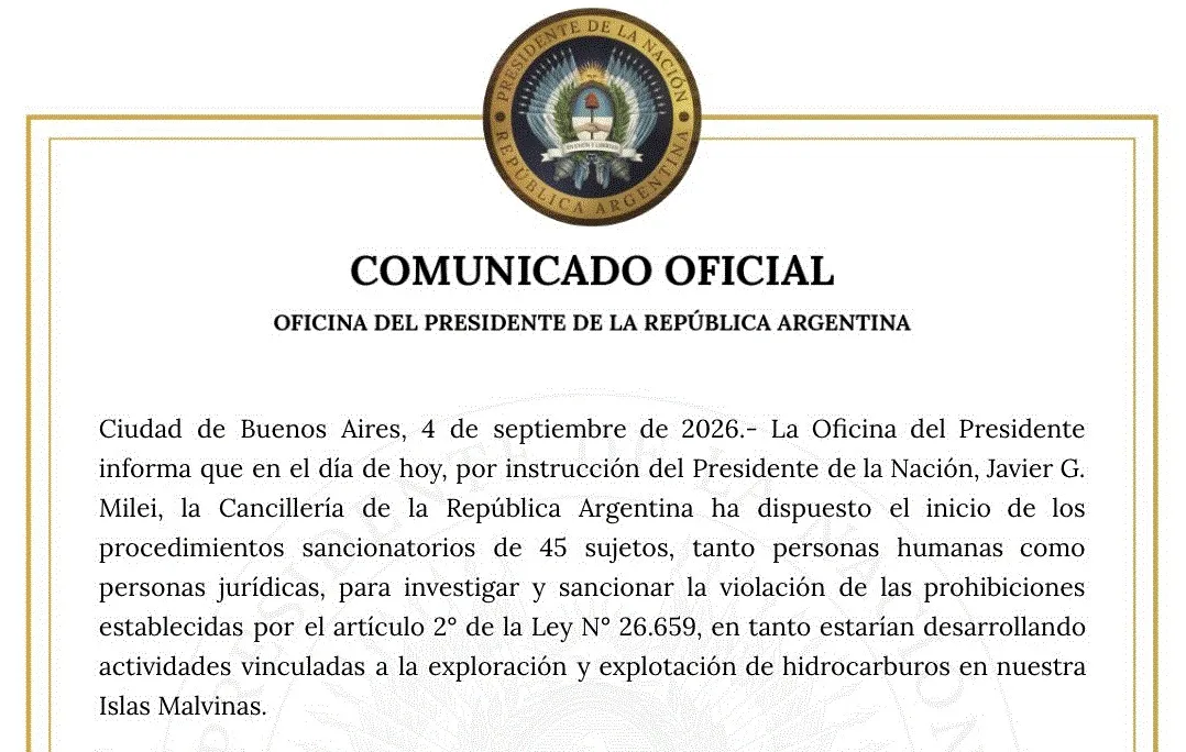 Argentina sancionará a 45 sujetos por explotar hidrocarburos en Malvinas